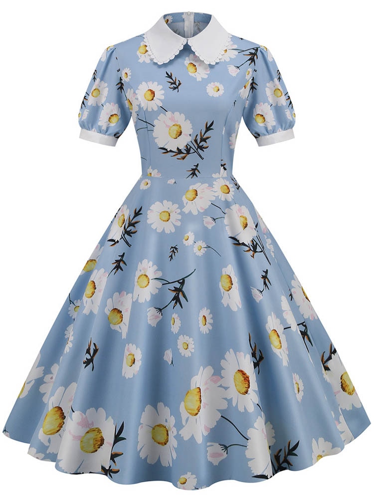 Floral Printed Summer Dress for Women Peter Pan Collar Vintage Midi Sundress Casual Party Dress with Puff Short Sleeves