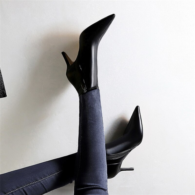 Women 8cm High Heels Boots Black Pointed Toe Leather Thin Low Heels Ankle Boots Sexy Nightclub Party Zip Short Shoe