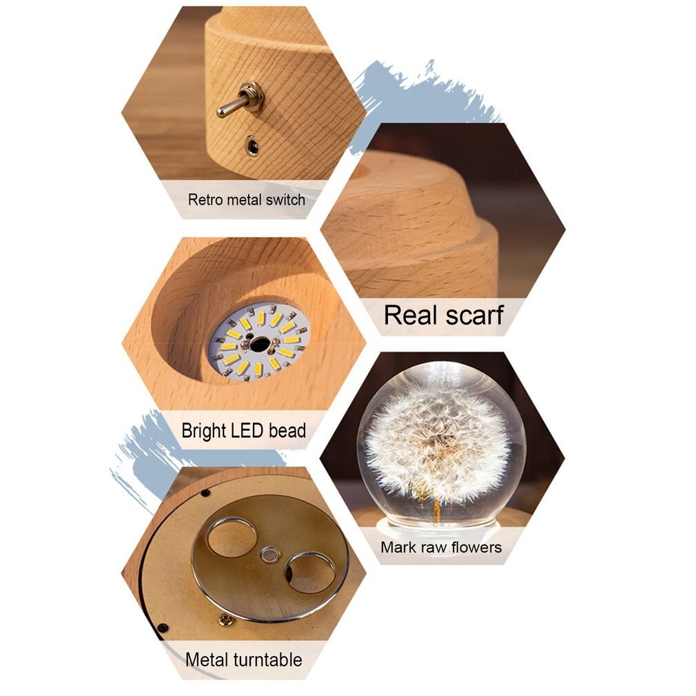 Luminous Dandelion Crystal Ball Music Box Birthday Eternal Flower Music Box Wooden Base Music Box
