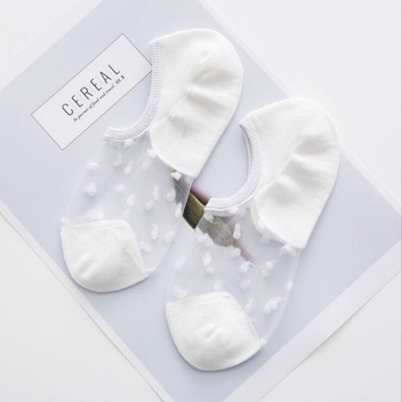 Women Lace Socks Crystal Glass Silk Knit Girl Dot Print Transparent Summer Invisible Sock Slippers: White