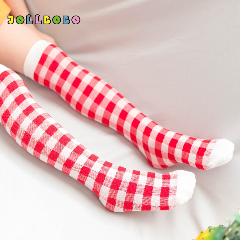 Autumn Winter Red Striped Over The Knee Socks Girls Kids Kawaii Cute Checkered School Girl Long Socks Cotton