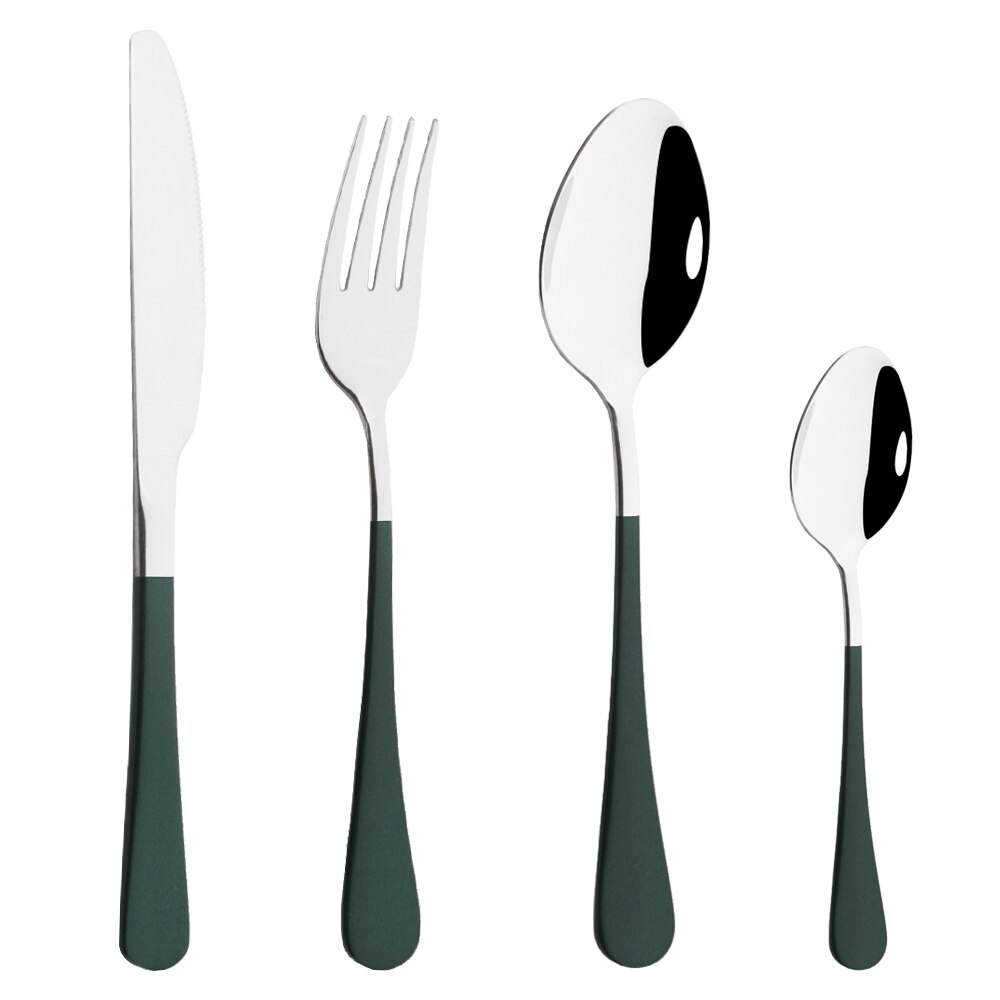 Couverts de cuisine en or blanc, 4 pièces, argenterie, service de table en acier inoxydable, service de table, couteau, fourchette, cuillère: Green Silver