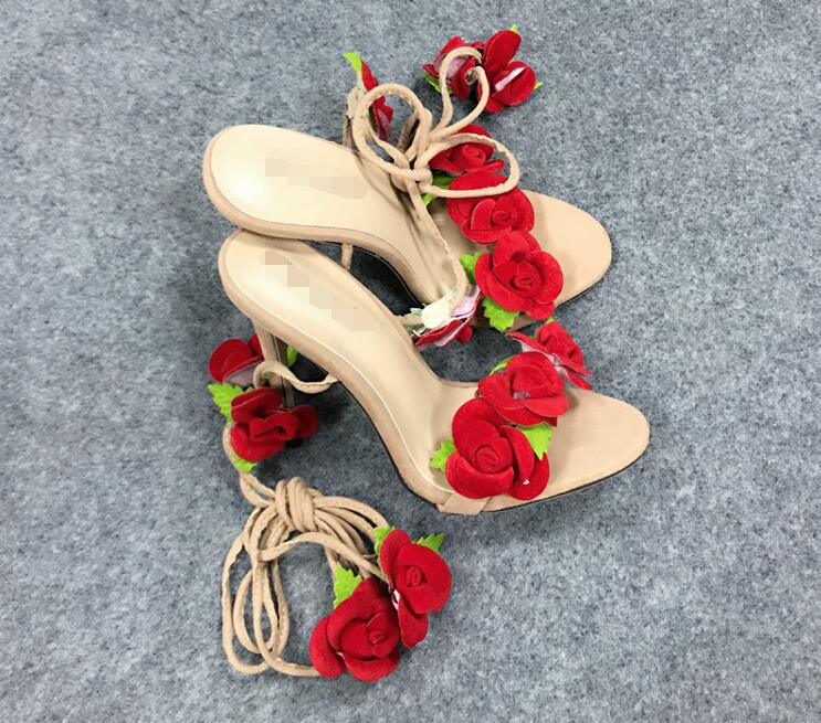 Sandalia de tacón alto con lazo flor rosa para mujer, zapatos de tacón alto con flores, con cordones, flor rosa roja