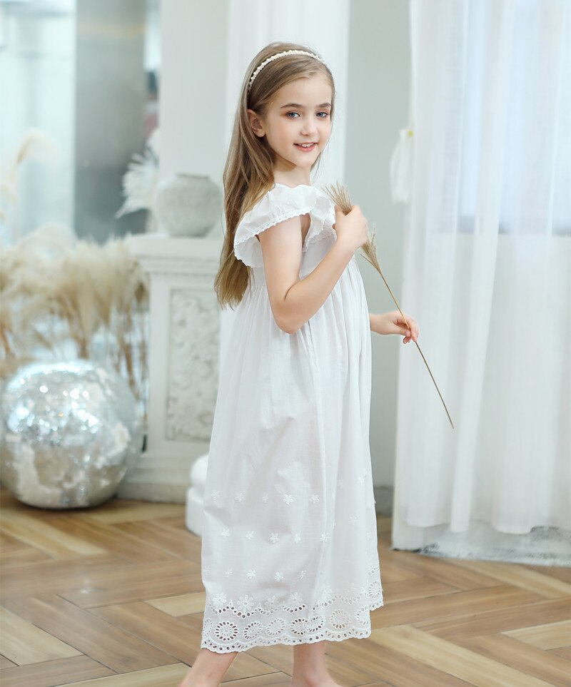Kids Girls Embroidered Lace Cotton Princess Nightgowns Sleepwear Dress Casual Toddler Girl White Dress