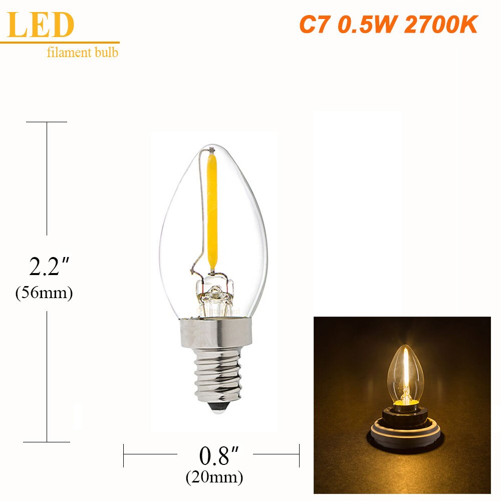 Grensk  t20 led glødetrådspære  g9 led 1w 2w e12 e14 110v 220v varm 2200k varm hvid 2700k dæmpbare lysekrone led vintage lys: C7 0.5w 2700k / E12 110-130v