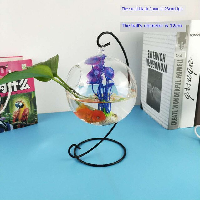 Desktop Hanging Glass Fish Tank Mini Aquatic Plants Vase Fish Tank Transparent Goldfish Tank Iron Support Aquarium: A1