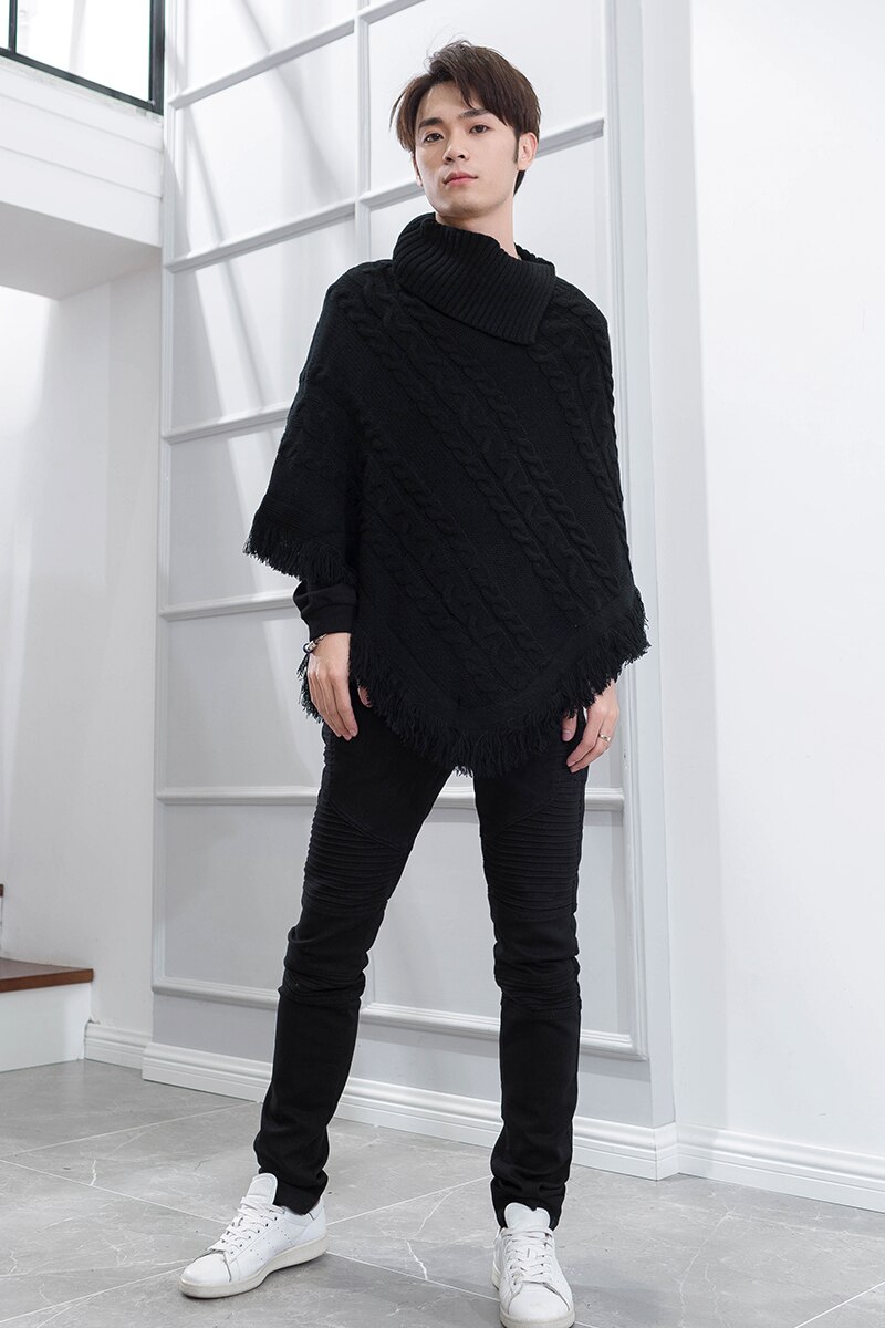Cape à col roulé pour hommes, veste à manches courtes chauve-souris, à revers, ample, tendance, pour jeunes, tendance, automne et hiver