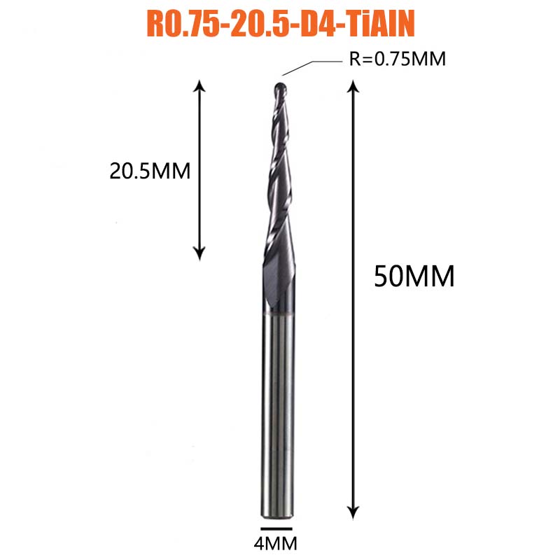 1 Pcs Tungsten Vhm Gecoate Taper Ball Nose Cnc Frezen Frezen Voor Hout En Snijders Voor Metalen end Mill: R0.75-20.5-D4