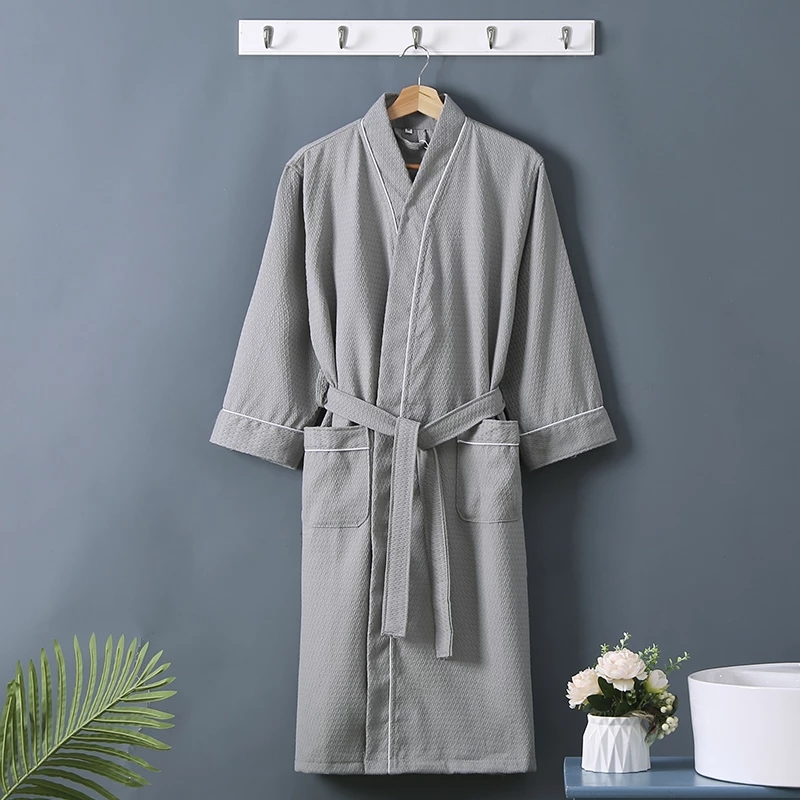 Thin Waffle Bathrobe 100% Cotton Robe Lovers Hotel Robe Men&#39;s Robe Bathrobe Soft Sleeprobe Male Casual Bridesmaid Homewear: gray / M(155-165cm)