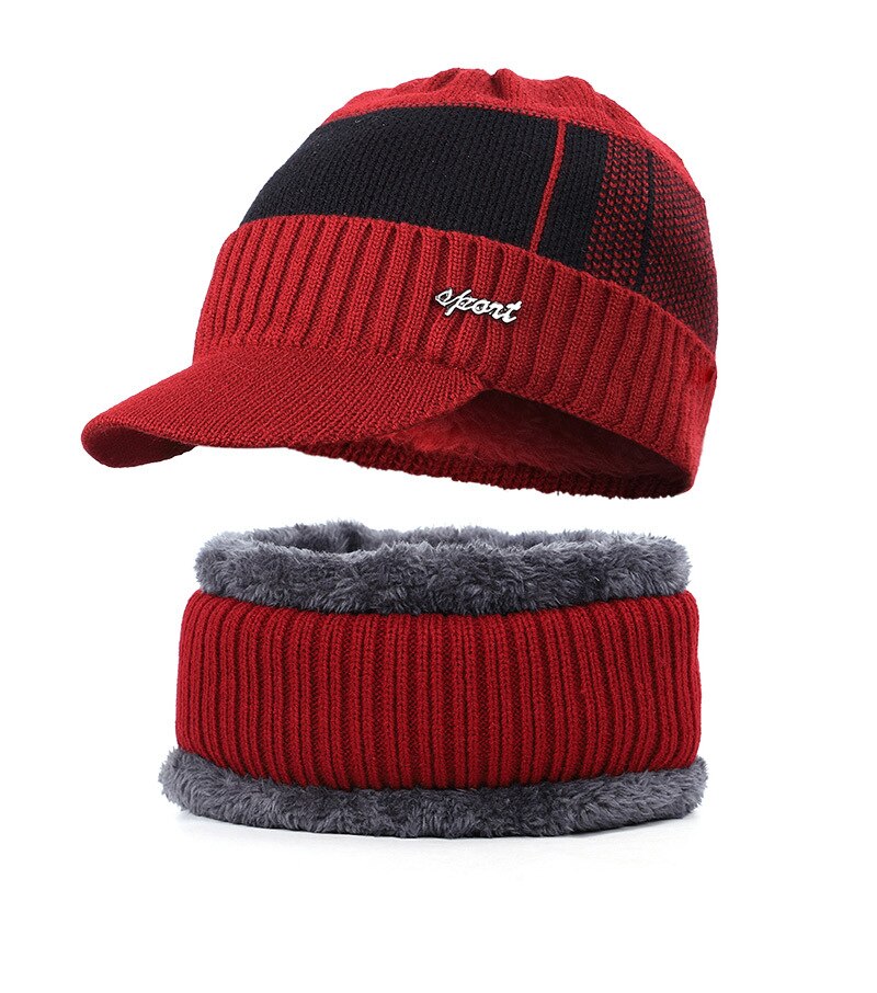 Mænd unisex sport vinter varm hat strikket visir beanie fleece foret næbshue med brim cap: Rødvin