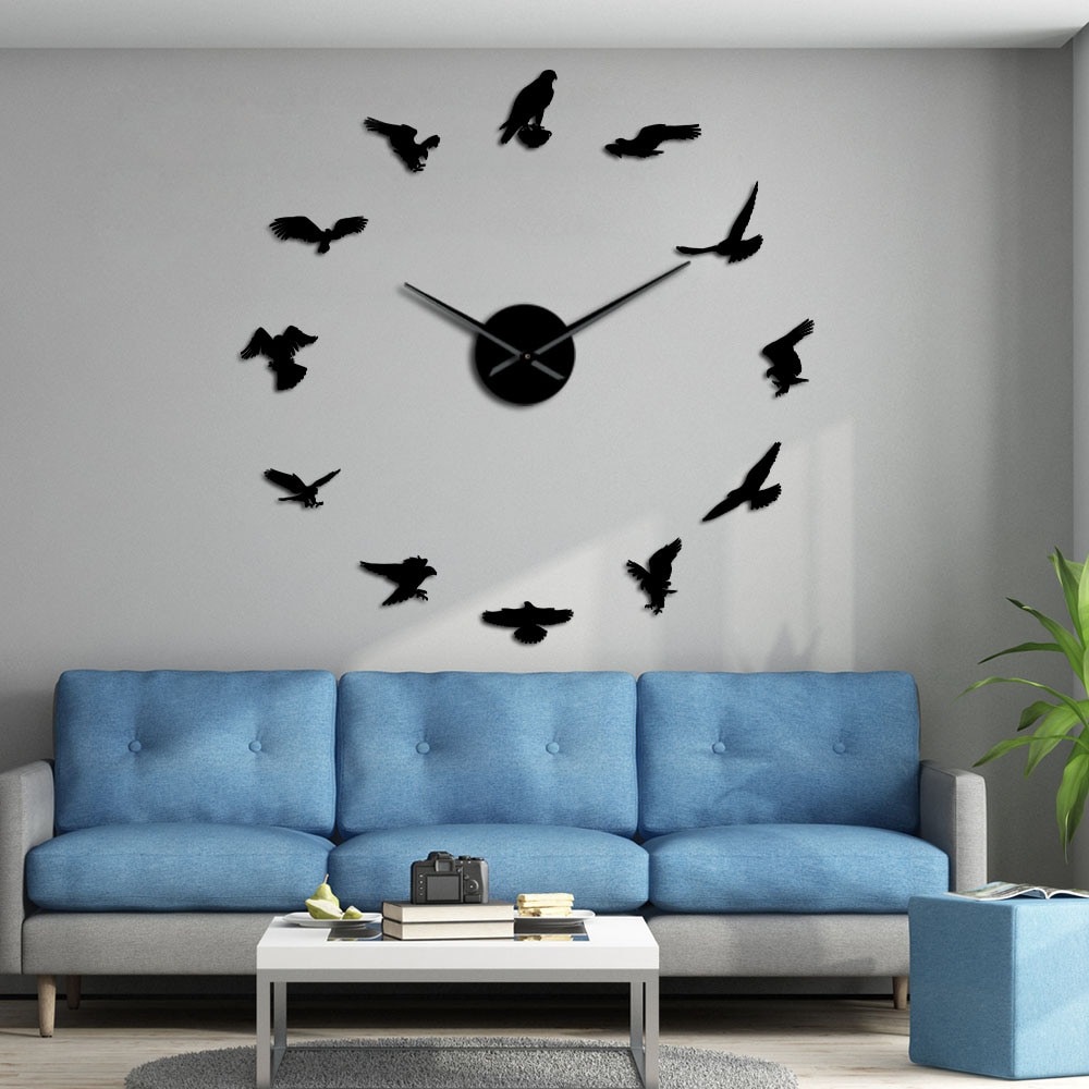 Peregrine Falcon Frameless Large Wall Clock Falconry Bird DIY Large Wall Art Mirror Stickers Home Decor for Birdwatchers