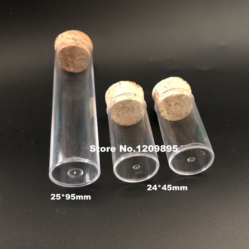 100pcs clear 24*45mm Transparant plastic reageerbuis met kurk zoals glas vlakke bodem Plastic buizen