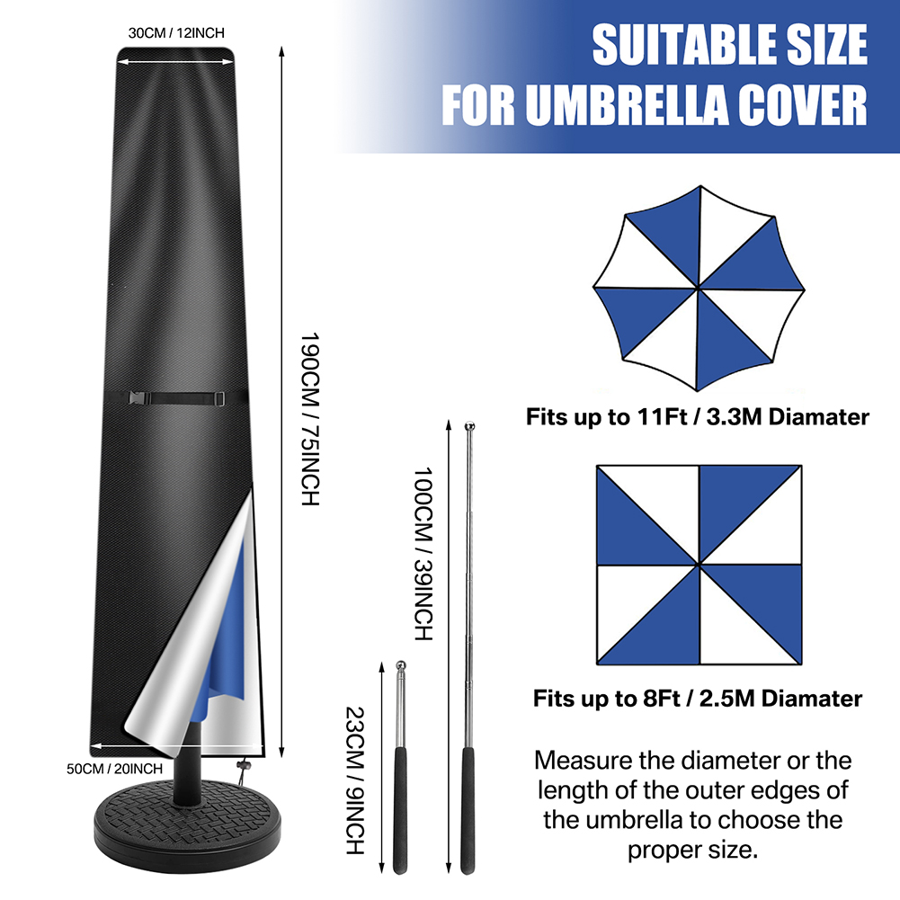 Patio Umbrella Cover Waterproof Umbrella Protective Cloth for 170-280CM Outdoor Umbrellas Market Parasol Covers with Push Rod: 190CM