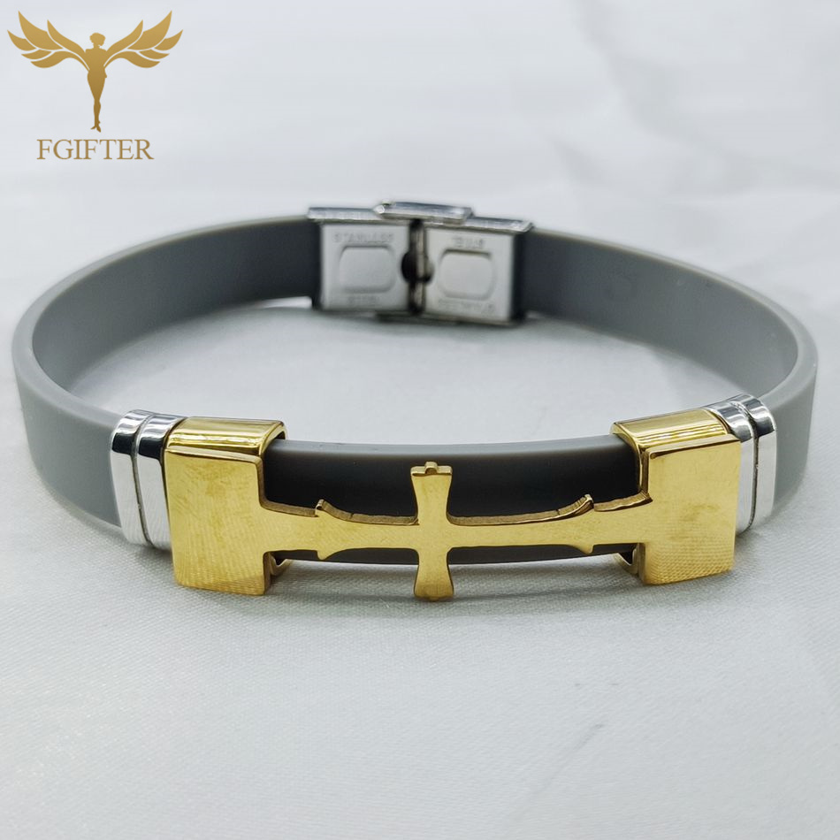 Guldfarvet rustfrit stål kors symbol tilbehør armbånd flere farver gummi armbånd kristen religion smykker: 21cm / Lysegul guldfarve