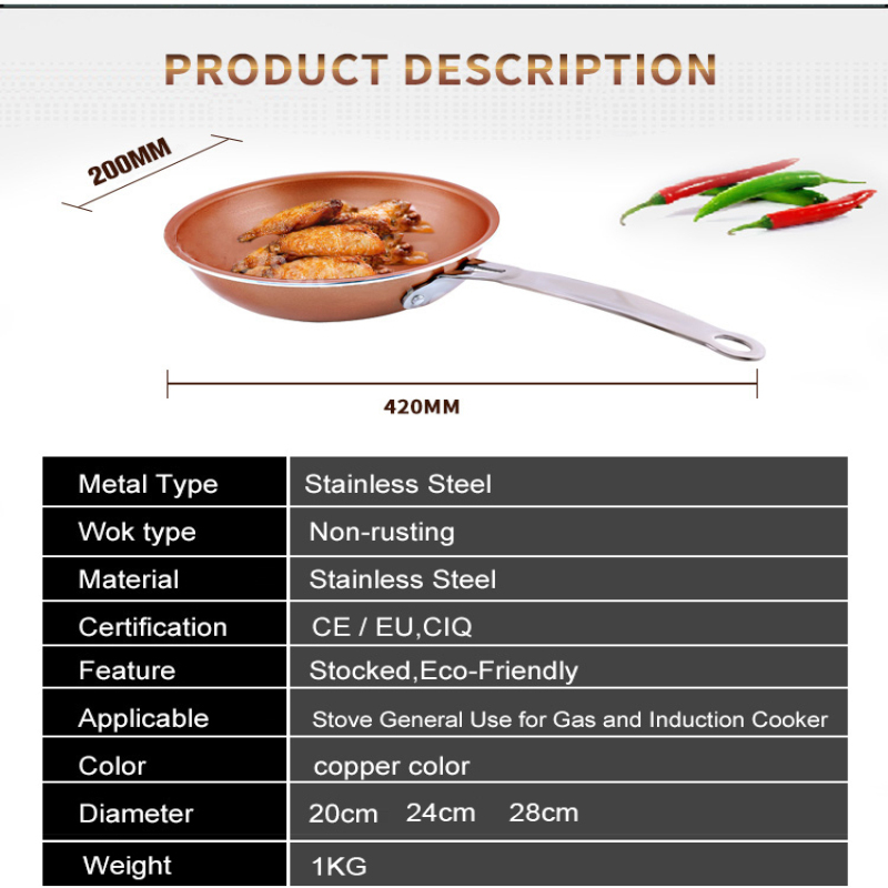 Induction cooktop round pan pressed aluminum alloy pan copper color nonstick aluminum pan