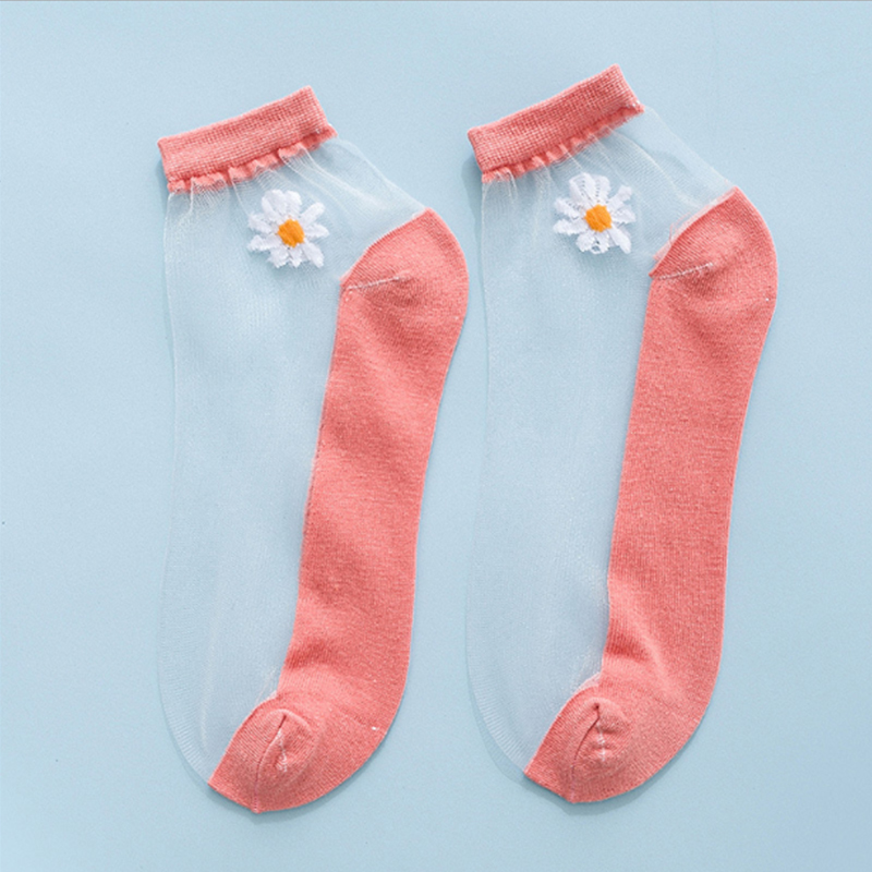 Women Summer Ultrathin Ankle Socks Transparent Daisy Embroidery Lace Silk Elastic Socks Cute Girls Short Socks: Red