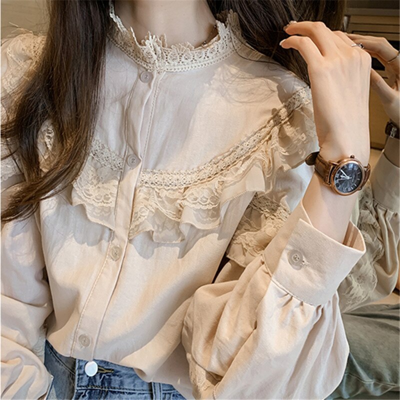 Lolita blus retro volang blus dam skjorta turtleneck krage långärmad formella blusar topp dam vintage skjorta