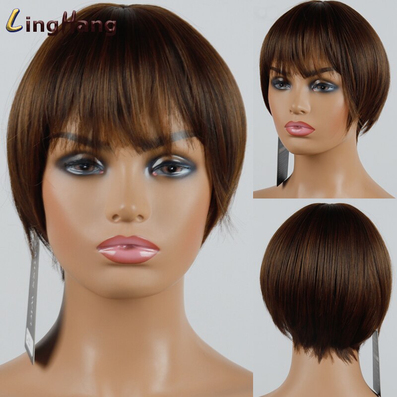 LINGHANG Short Brown Black Straight Wig Pixie Hair Cut Style Wigs For Women Synthetic Hair High Temperature Fiber: 2-30