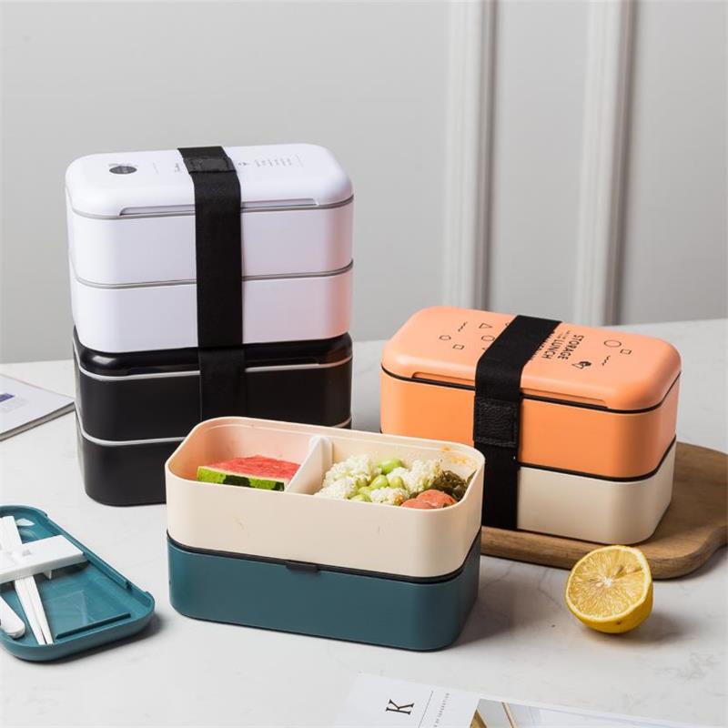 1000ml Portable 2 Layers Bento Box Food Container Plastic Leakproof Keep Warm Lunch Box Microwave Food Storage Box With Spoons