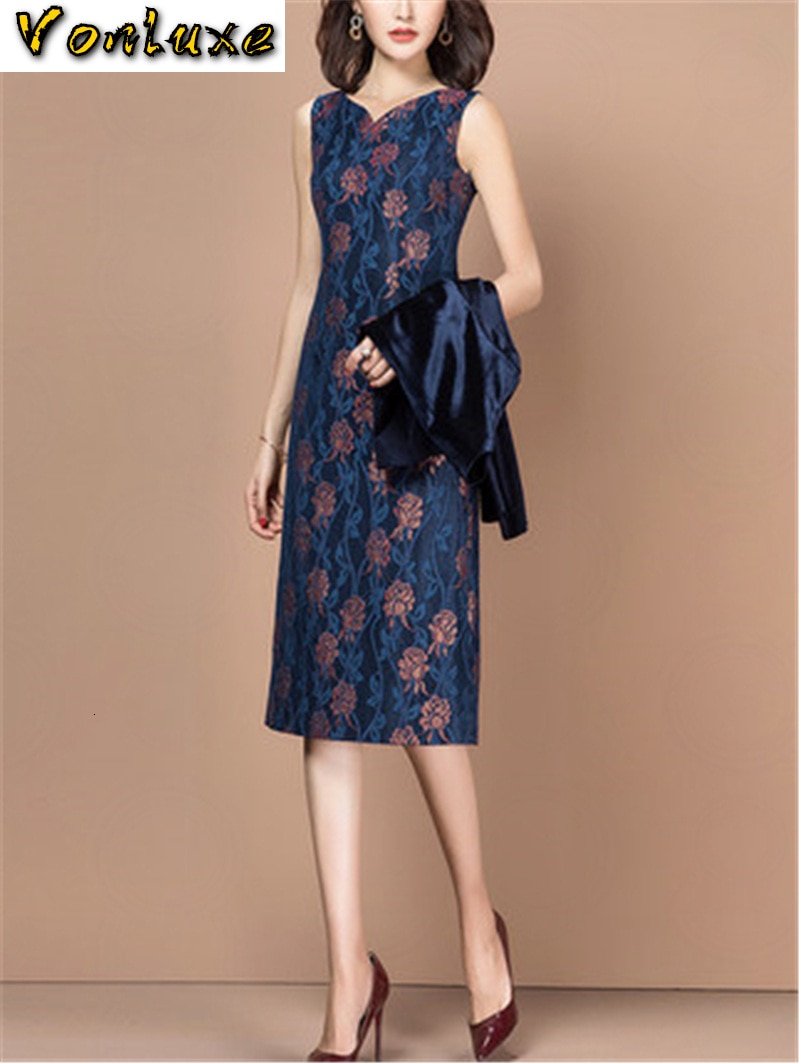Otoño Invierno trajes mujer Oficina señora terciopelo Blazer chaqueta Floral impreso lápiz longitud de la rodilla vestido de dos piezas Set Ropa de Trabajo