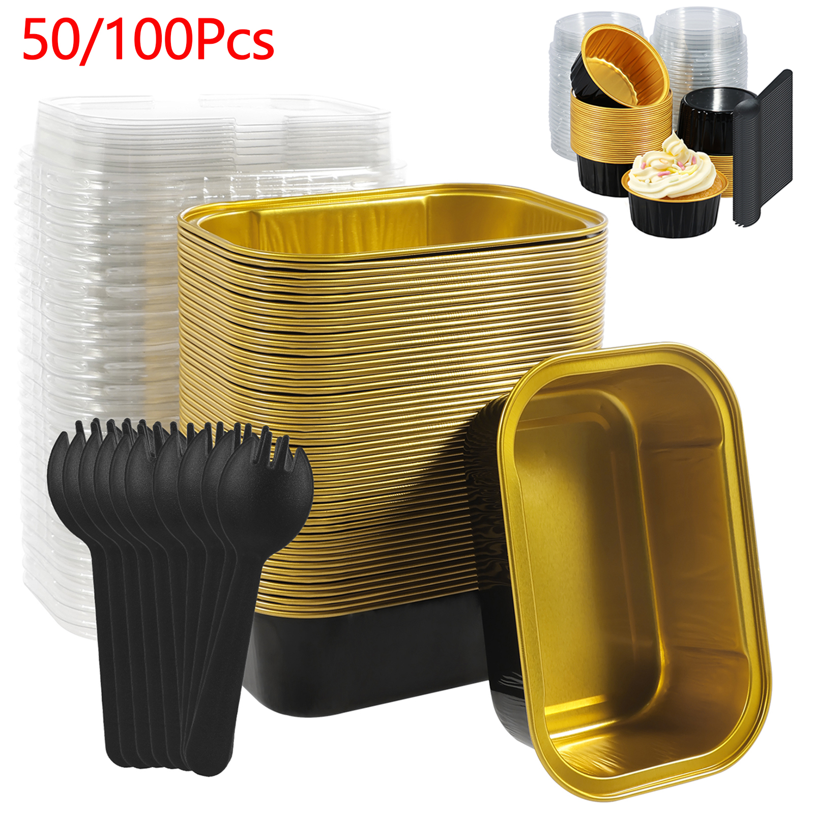 50/100 Stück Mini-Kuchenformen mit Deckel und Löffel, Backformen aus Aluminiumfolie, Mini-Schokoladenbehälter, Muffin-Dosen, Laibpfannen, Küche