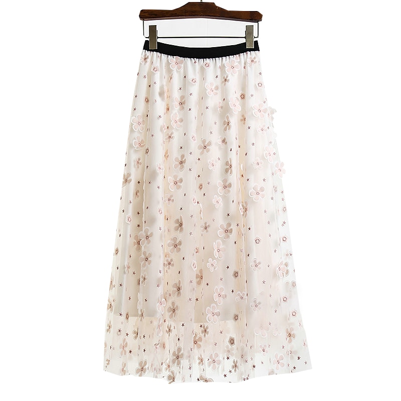Falda de tul de gasa bordada para mujer, falda de malla plisada de cintura alta, con estampado Floral blanco coreano, 2022