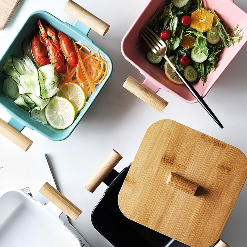 Keramische Vierkante Grote Soepkom Dubbele Oor Handvat Fruit Salade Creatieve Met Deksel Grote Capaciteit Servies Keuken Storage Tool