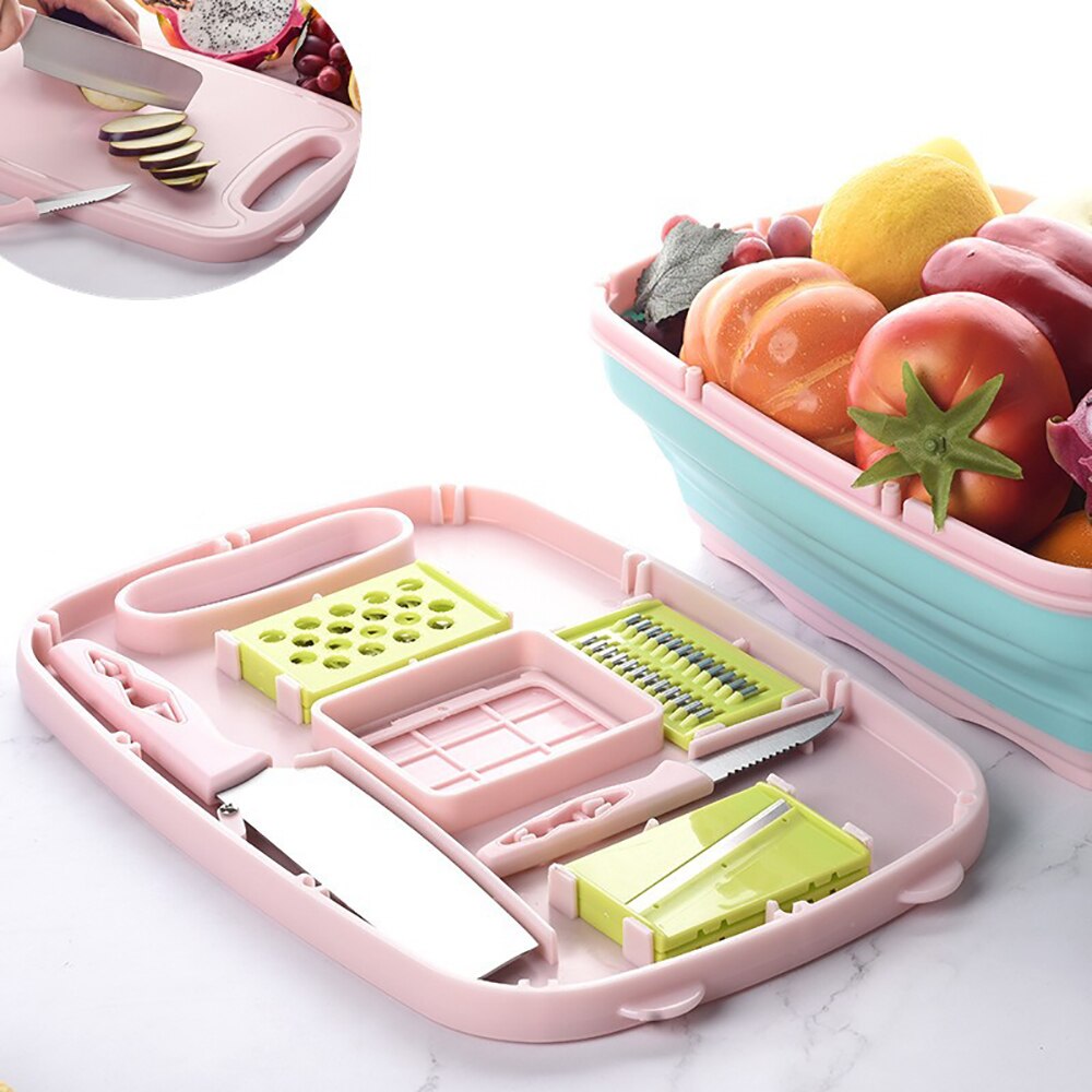 Multifunction Chopping Board Foldable Drain Basket Kitchen Knives Set Vegetable Cutting Board Veg Fruit Storage Basket Household