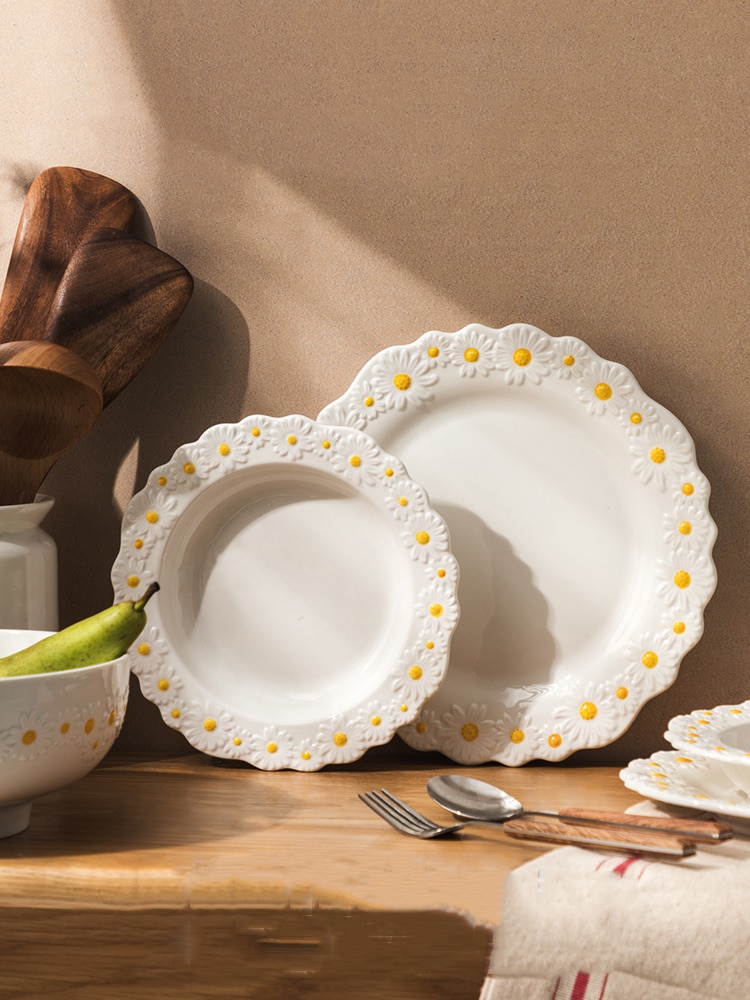 Ceramic Embossed Daisy Dinner Set Plate And Dishes Household Soup Bake Bowl Crockery Tableware