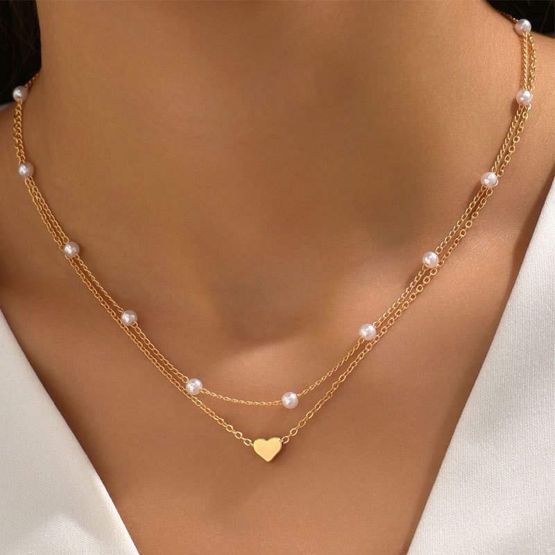 FTCY 3pcs Women's Pearl Necklace Set 14K Gold Love Heart Pendant Waterproof Hypoallergenic Collarbone Neck Chain Jewelry: Dark Gold