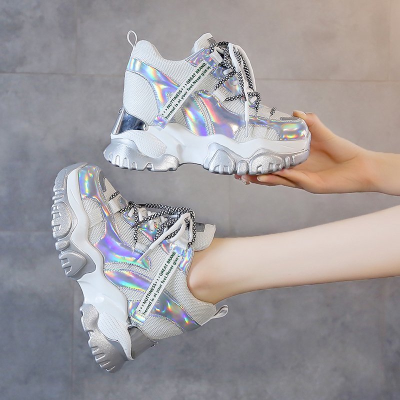 Moipheng chunky sneakers høj hæl 10 cm kvinder efterår tyk bund platform sneakers højde stigende kvinde sølv casual sko