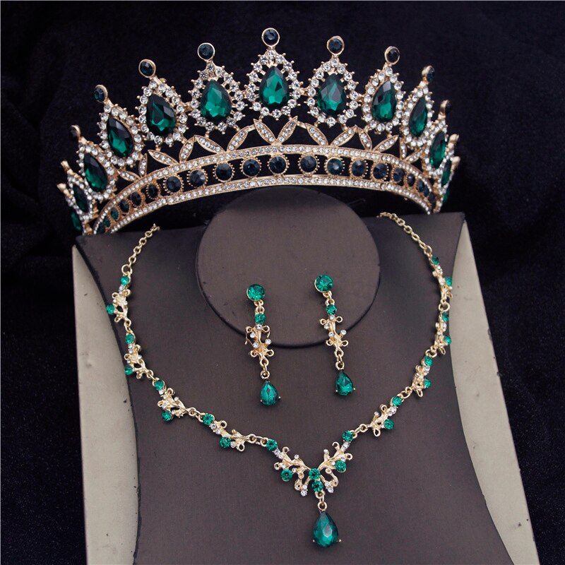Baroque Crystal Bridal Jewelry Sets for Women Prom Tiara Crowns Earring Necklace Bride Wedding Jewelry Set: Green Sets