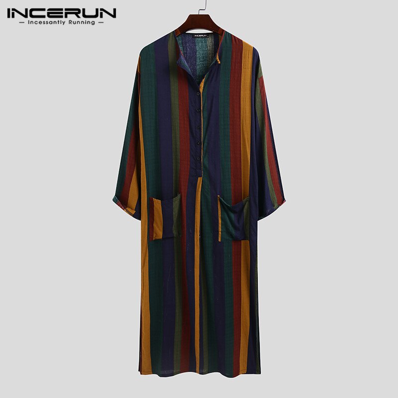 Incerun män etnisk mantel vintage randig långärmad muslim kaftan mantel o hals knappar jubba thobe fickor dubai arabiska kläder