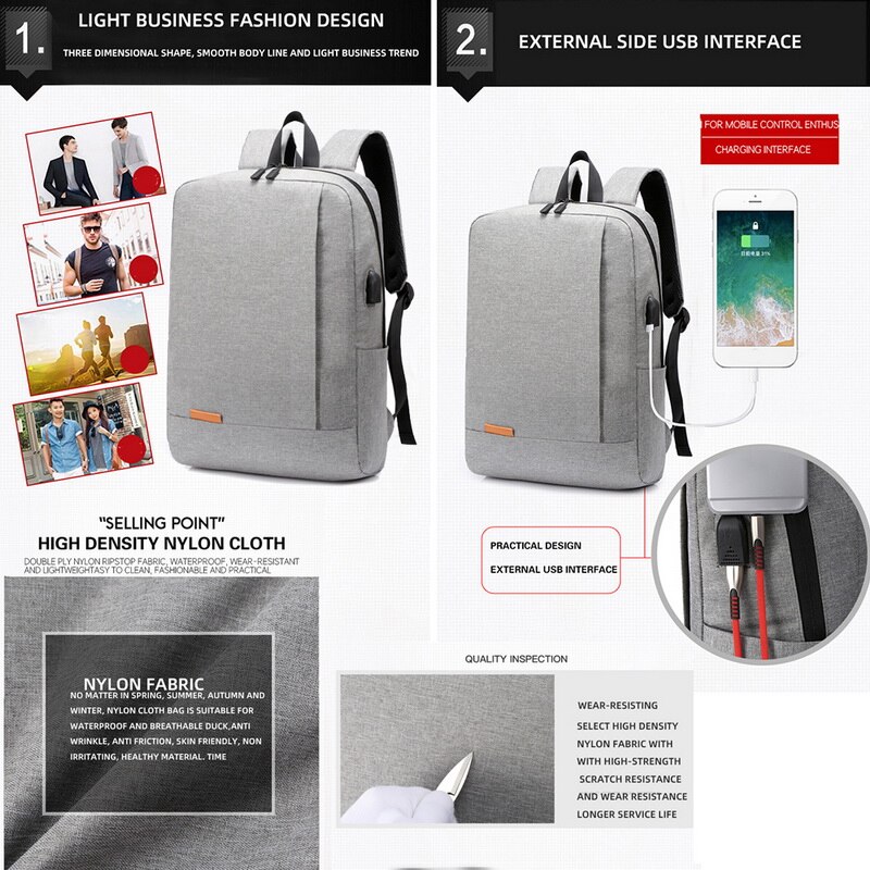 Jodimitty wasserdichter 14- zoll-laptop-rucksack aus nylon, schultasche, mochilas feminina, lässige schultasche mit usb-ladefunktion für männer und frauen