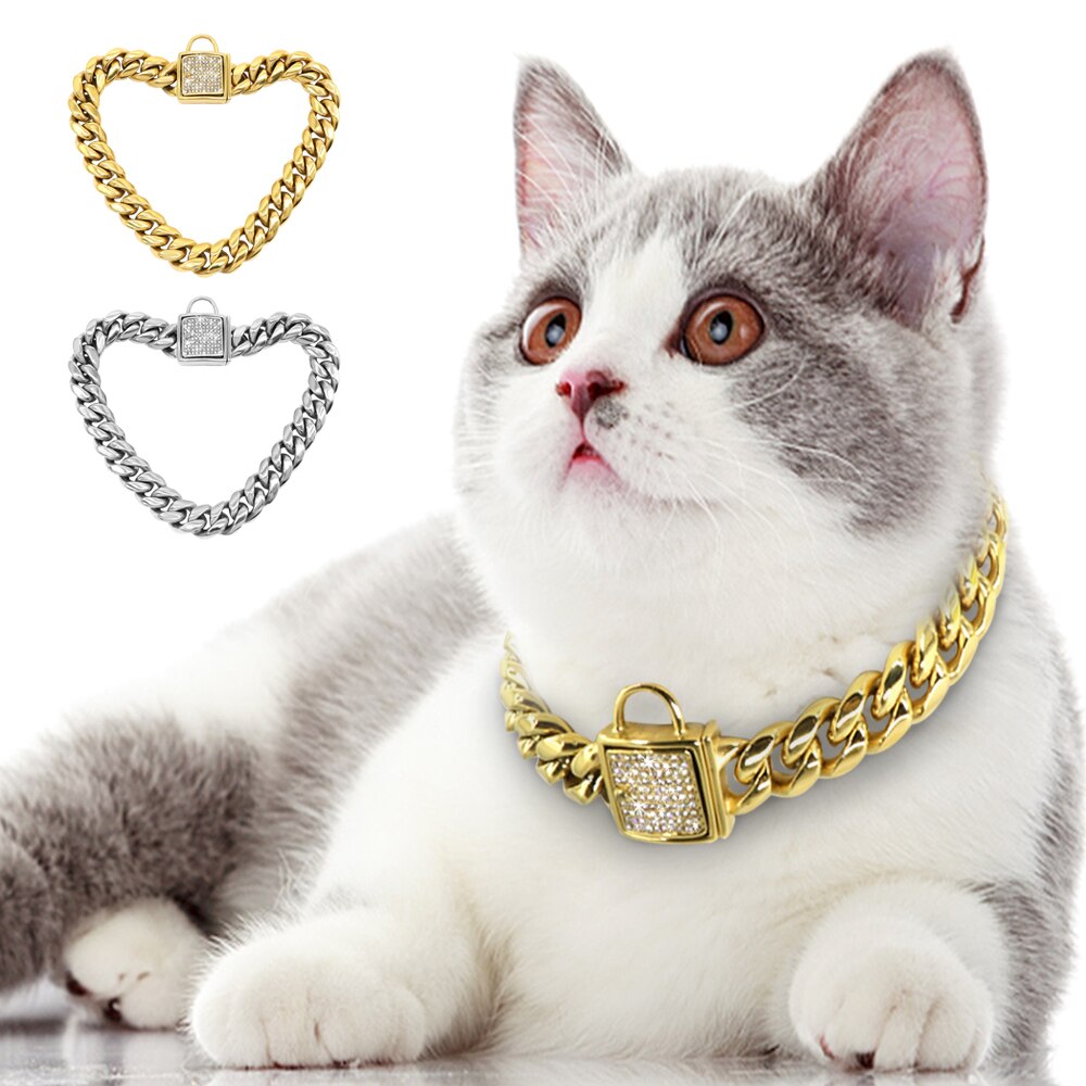 Stainless Steel Cat Pet Chain Collar Punk Cool Puppy Dog Neck Chain Collar Silver Gold Show Collar for Cats Small Dogs