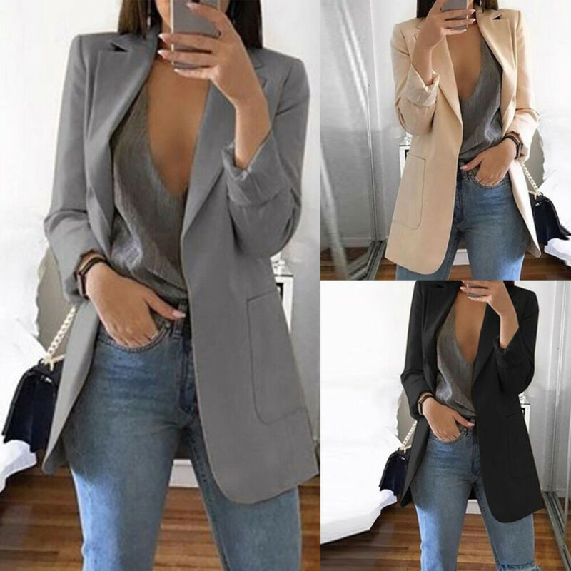 Solid Style Lady Young Women Slim Casual Business Blazer Suit Jacket Coat Outwear Khaki Gary Black