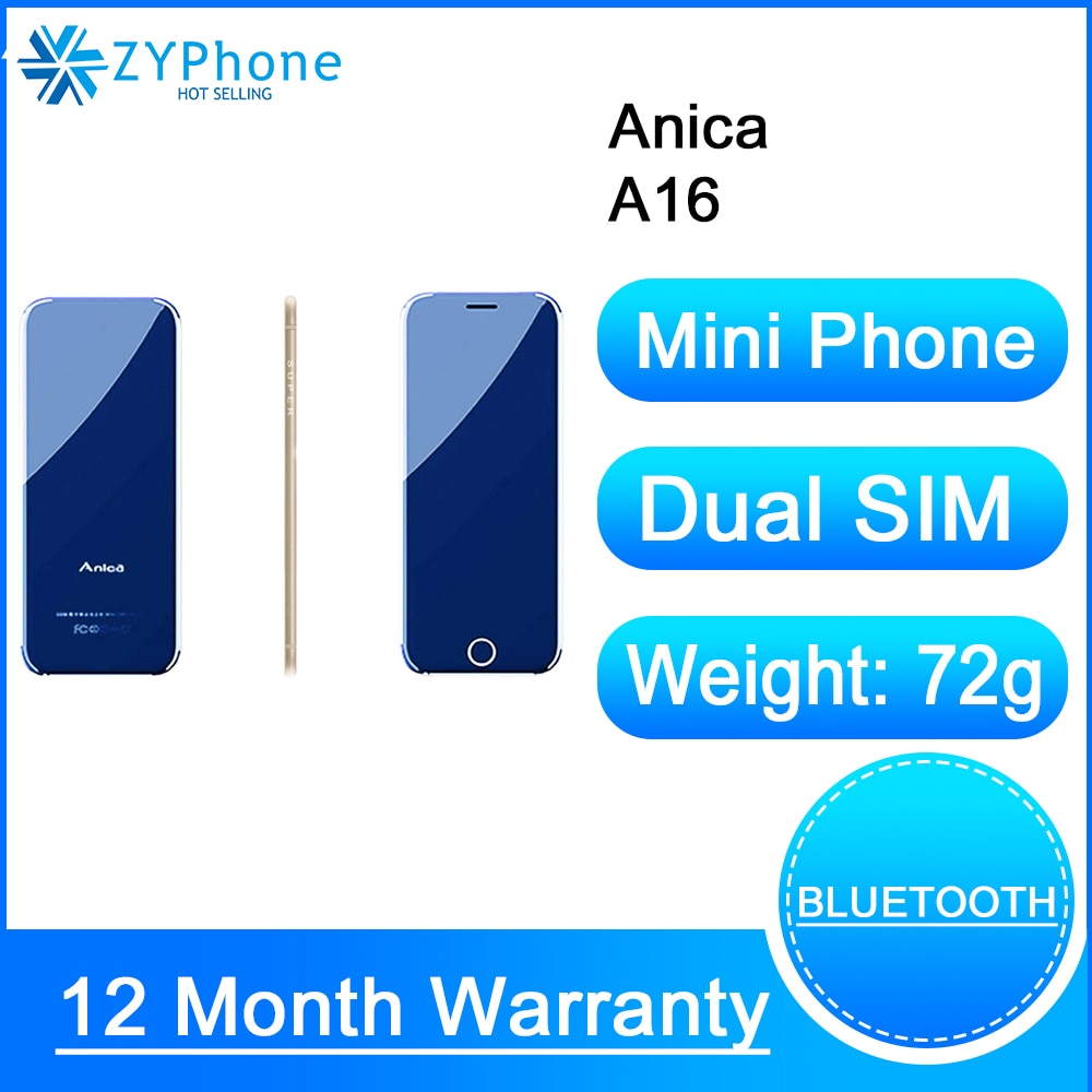 Anica A16 Mini Cell Phones, 1.54" Credit Card Size Bluetooth Dialer mini Celular Fone, Dual SIM big Sound Music Telefone Celular