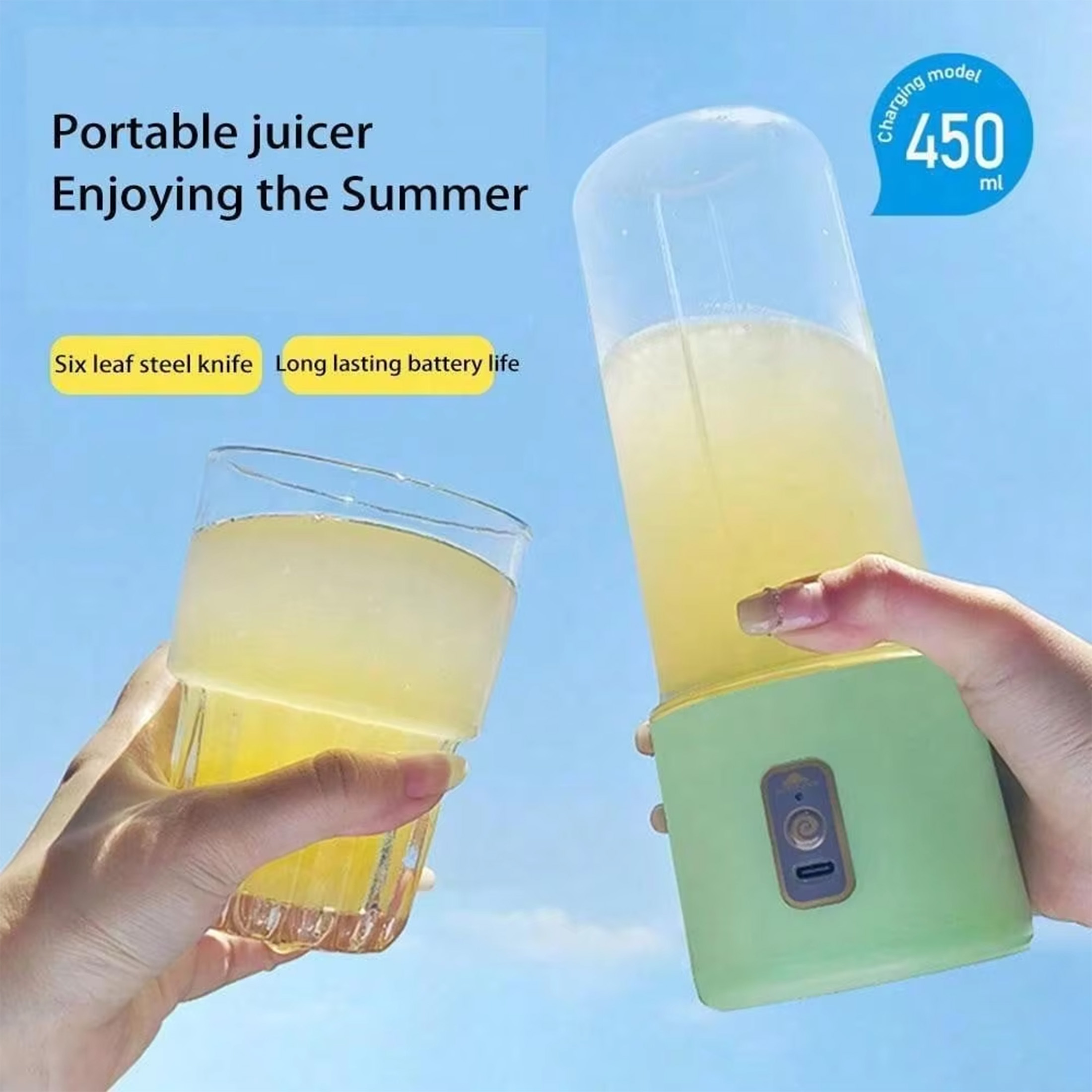 1PC 450ML Tragbare Fruchtsaft Mixer Sommer Elektrische Mini Flasche Hause USB 6 Klingen Entsafter Tasse Maschine