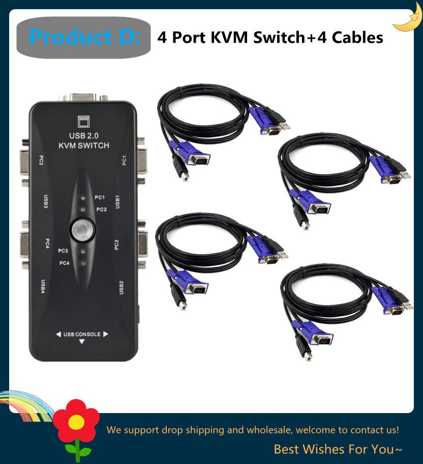 2/4 Port USB2.0 KVM Switch Box For Mouse Keyboard Printer Share Switcher 200MHz 1920x1440 VGA Monitor Switch Box Adapter: 4 Ports With CABLE