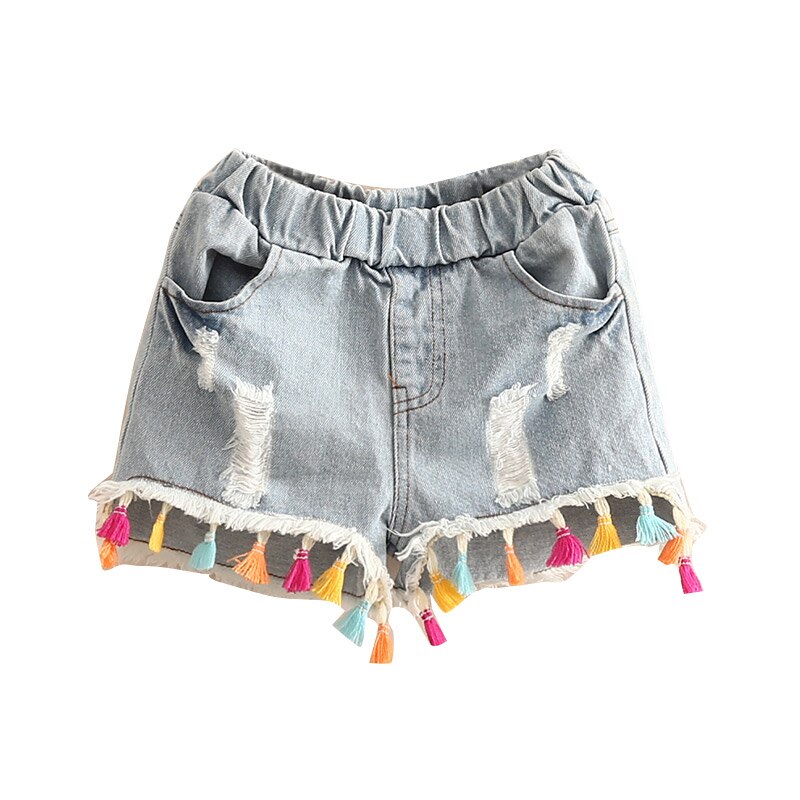 Summer Ethnic Style 3 4 6 8 10 12 Years Teenager Children Short Jeans Pants Baby Kids Hole Denim Tassel Shorts For Girls: 4T