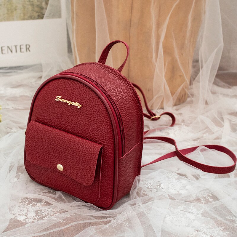 Frauen Rucksack Weichen Griff praktisch Reißverschluss lässig Weibliche Beutel Mini Mädchen Rosa Leder Schule Kleine Geldbörse PU taschen: Wein rot