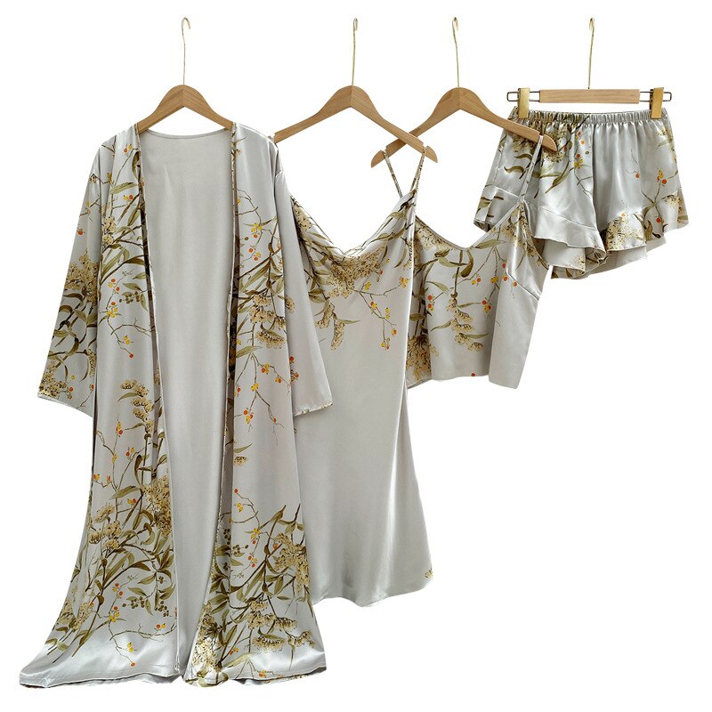 Vrouw Nachtkleding Sets Voorjaar Pyjama Grijs Shorts Slaap Tops Sexy Nachtkleding Jurk Print Gezellige 4 Stuk Pyjama Chinese Stijl robe Set
