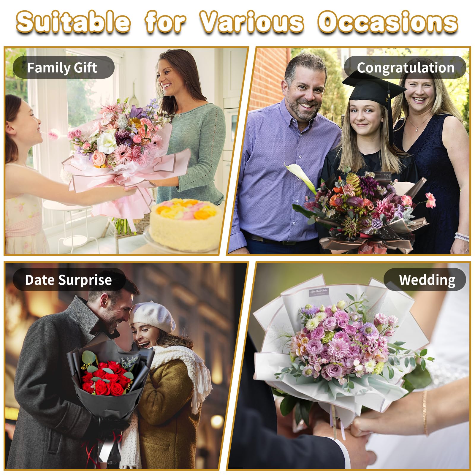 20 hojas de papel de de flores blanco con bordes dorados, impermeable, perfecto para embalaje artesanal de bricolaje, ramo de de boda, boda