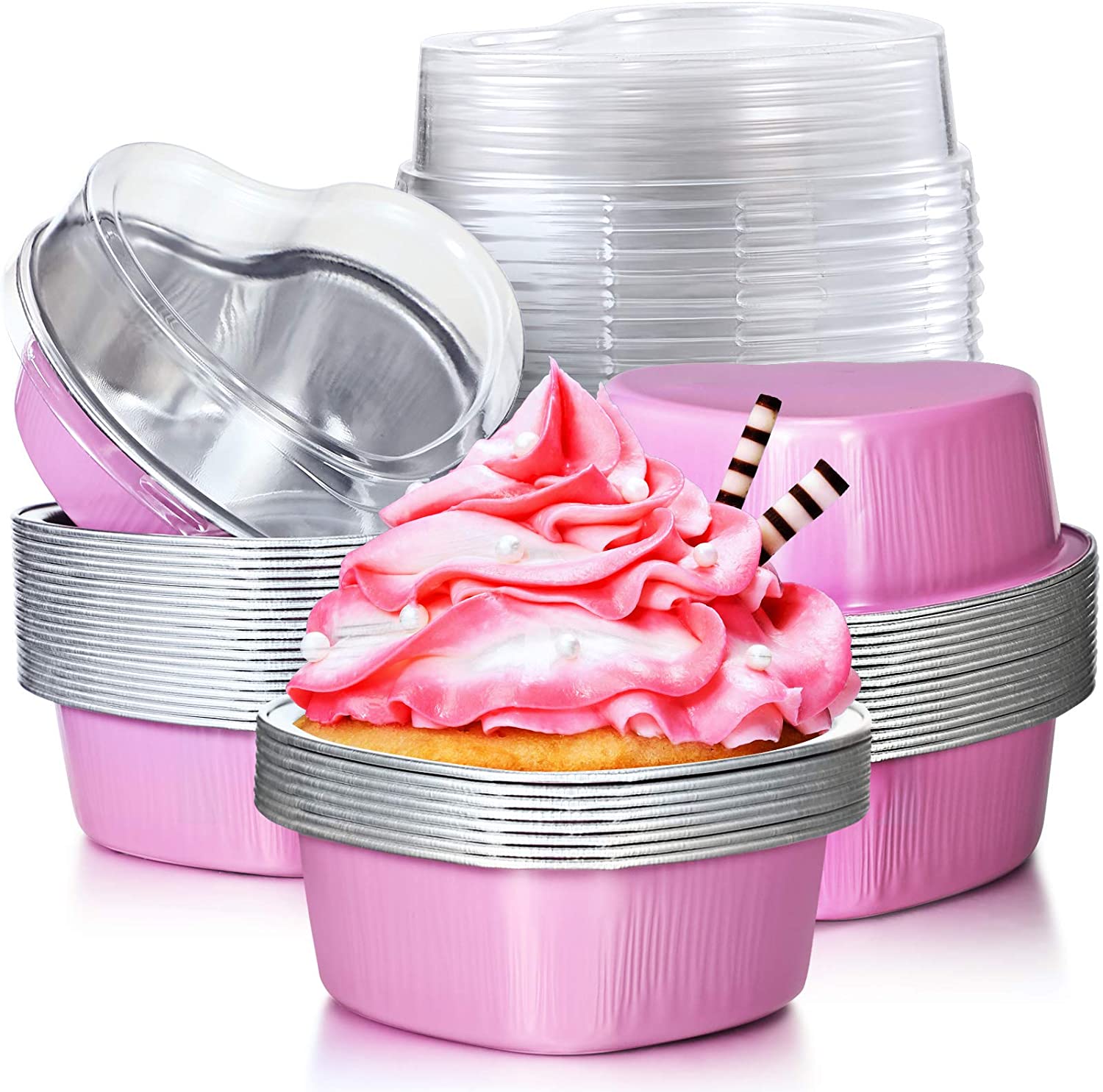 Aluminum Foil Cake Pan Heart Shaped Cupcake Cup with Lids 100 ml/ 3.4 Ounces Disposable Mini Cupcake Cup Flan Baking Cups for Va: pink