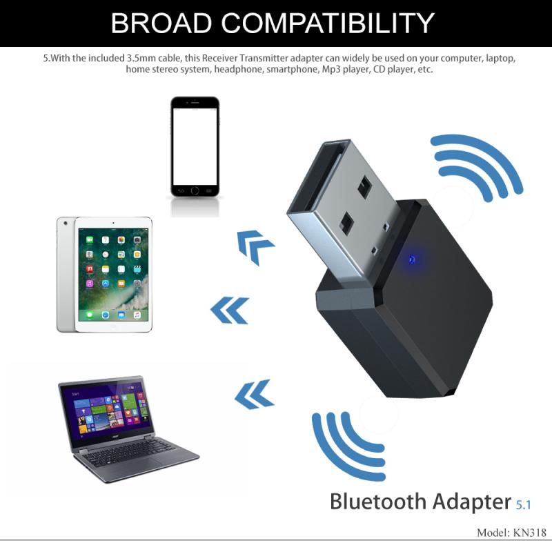 KN318 Bluetooth 5.1 Audio-ontvanger Dual Output Aux Usb Stereo Auto Handsfree Call Draadloze Adapter Video Ontvanger Audio adapter