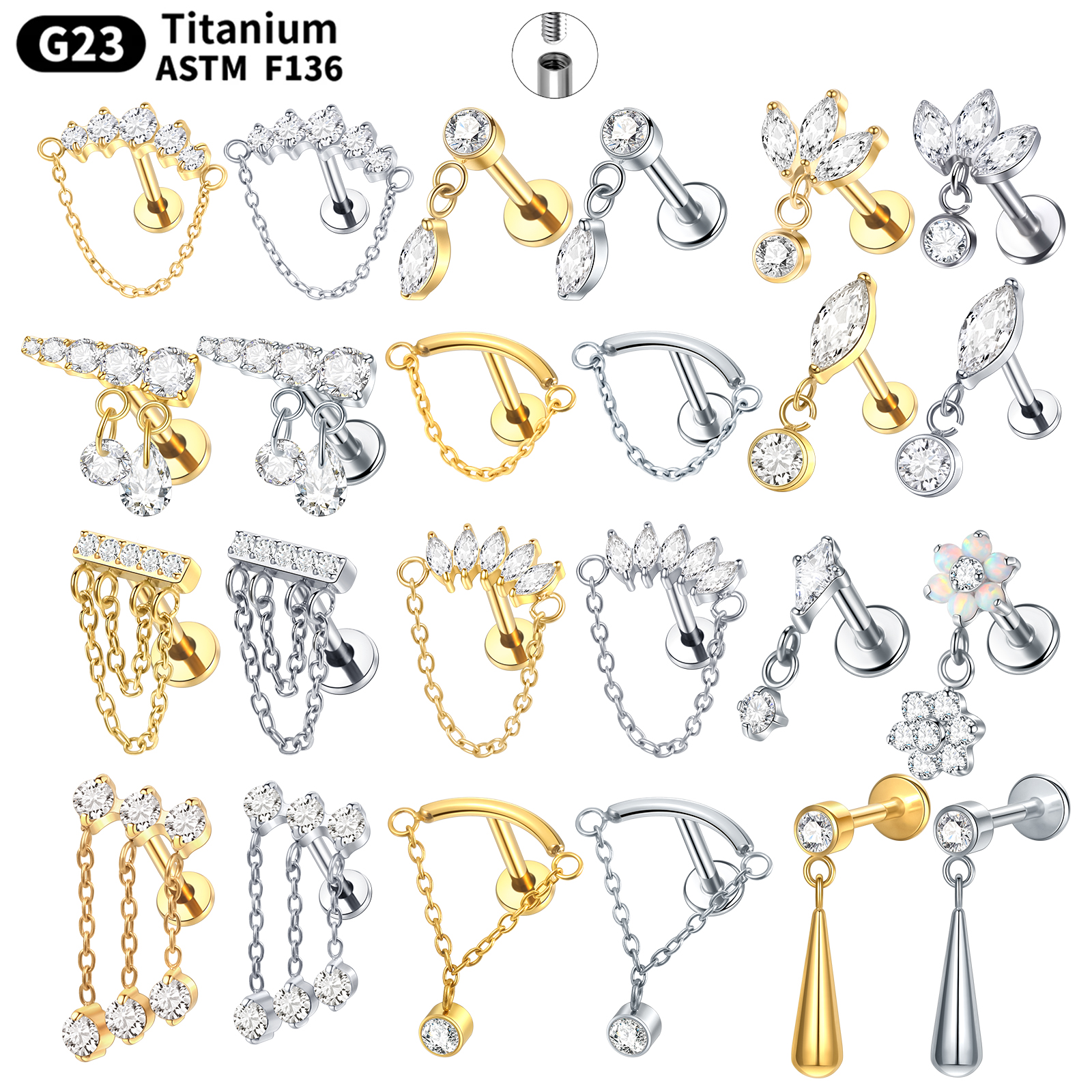 Pendientes de titanio para cartílago de la oreja, Piercings de rosca interna, perno de hélice oculto, cadena drapeada CZ, joyería con parte posterior plana, 16G, 1 ud./5 uds.