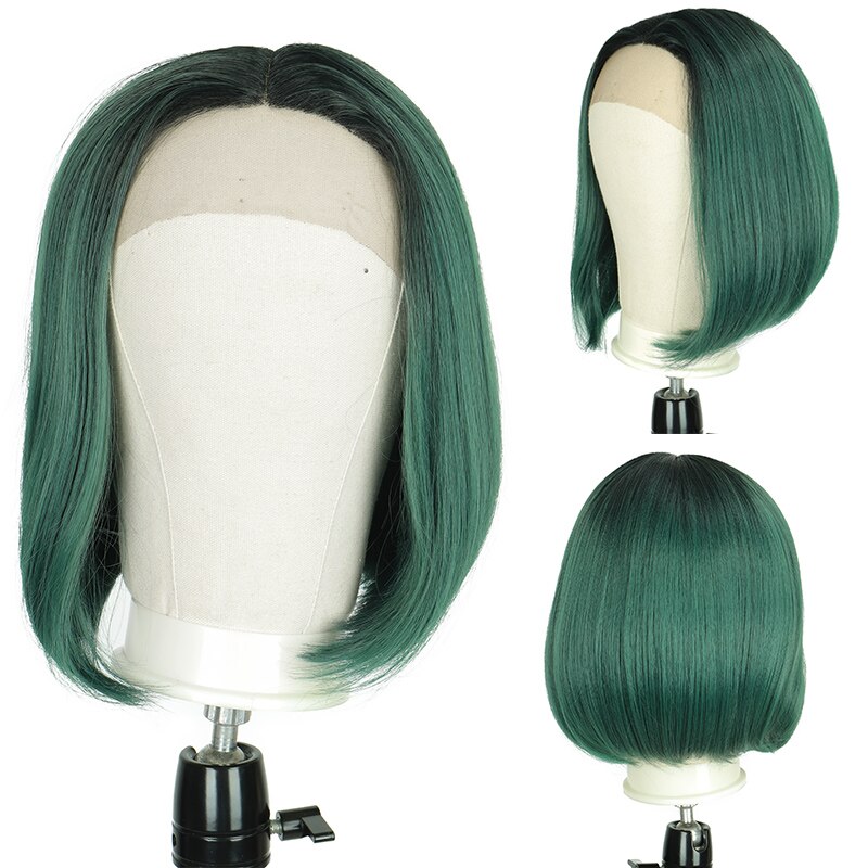 Di Fei Cosplay Synthetische Lace Front Pruik Korte Bob Rechte Met Staart Krullen 13 "Dark Green Pruik Voor Zwarte vrouwen Cosplay Pruik