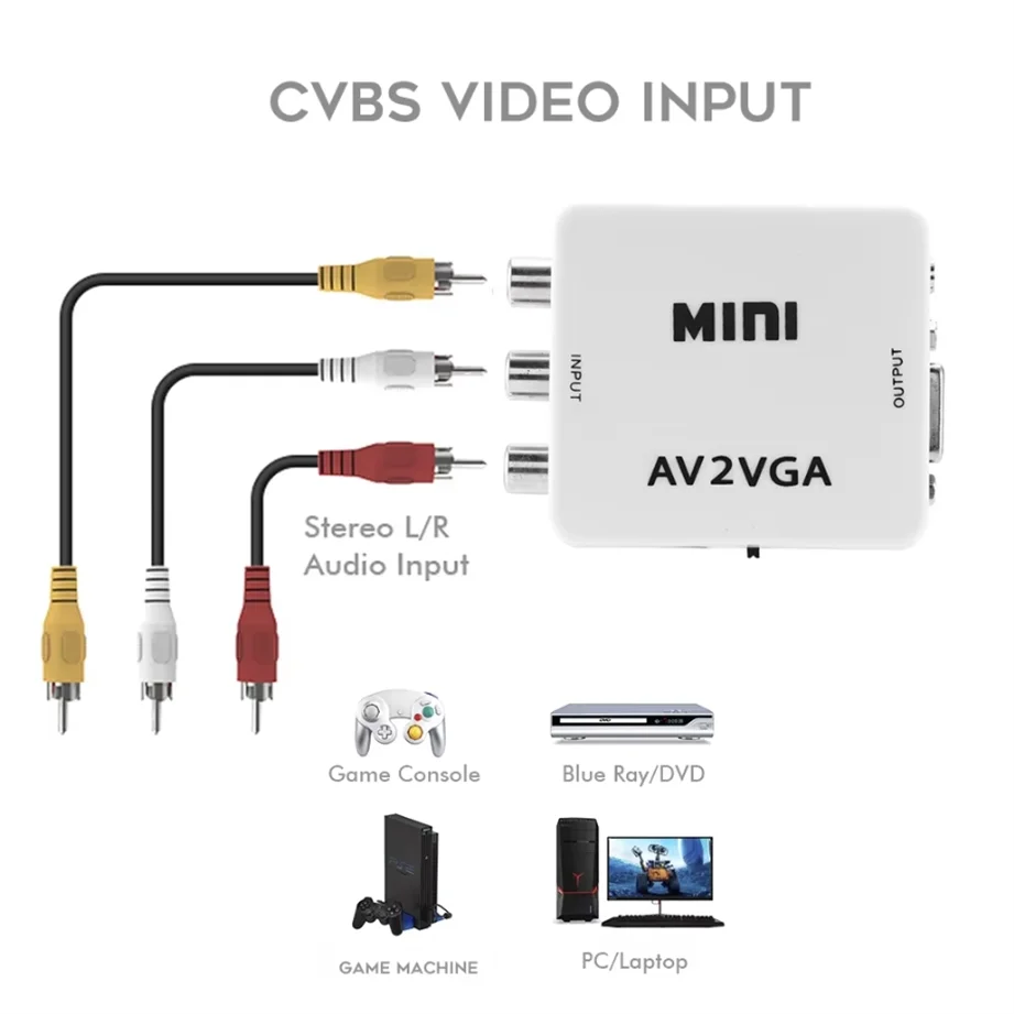 VGA naar AV-converter RCA AV naar VGA-converter AV-adapter met 3,5 mm audiokabel voor TV Box PC Computer 1080P CVBS naar VGA-converter