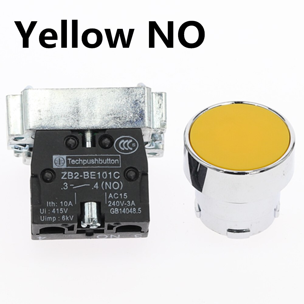 1Pcs 22mm Momentary Push Button Switch NO/NC 10A/415V XB2-BA31 XB2-BA42 Flat-headed button switch: Yellow-NO