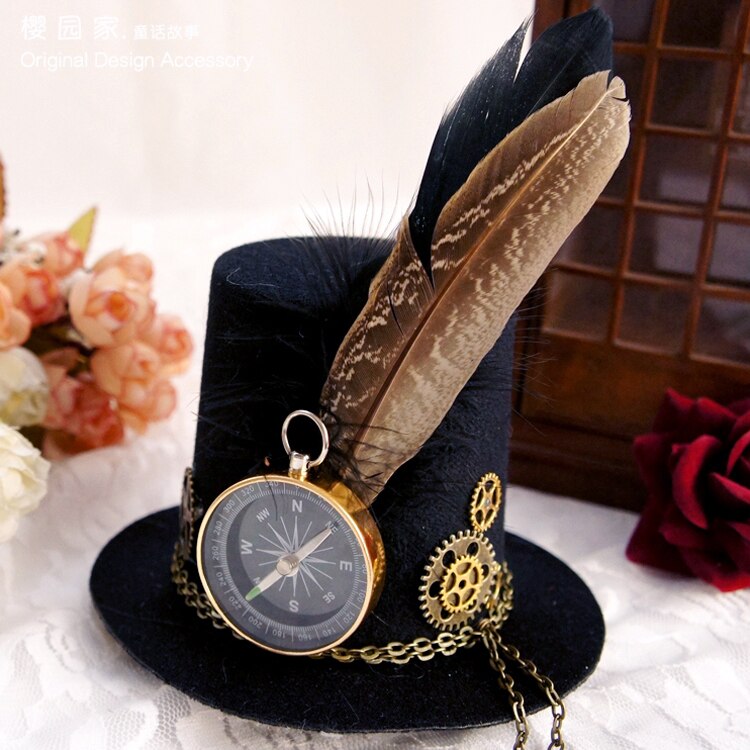 Steampunk hat feathers top hat hairpin mechanical gear clock hat hair clip retro lolita Cos